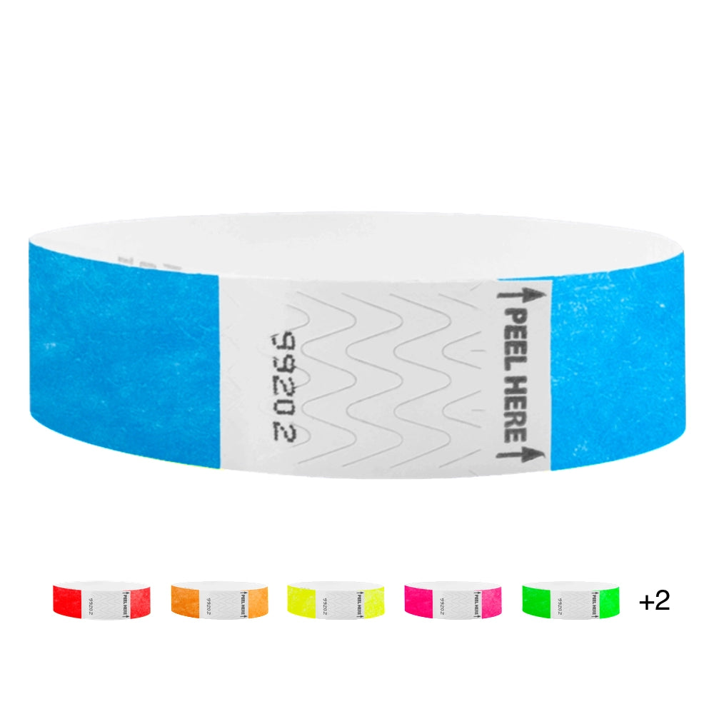 Litterfree 3/4 tyvek wristband cover in neon blue and five other colors under in neon red, neon orange, neon yellow, neon pink and neon green. 