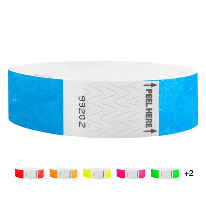 Litterfree 3/4 tyvek wristband cover in neon blue and five other colors under in neon red, neon orange, neon yellow, neon pink and neon green. 