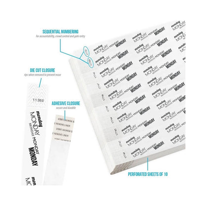 Product packaging with die cut closure, sequential numbering, durable adhesive closure, and perforated sheets of 10; shown in a white tyvek wristband with black monday text repeated