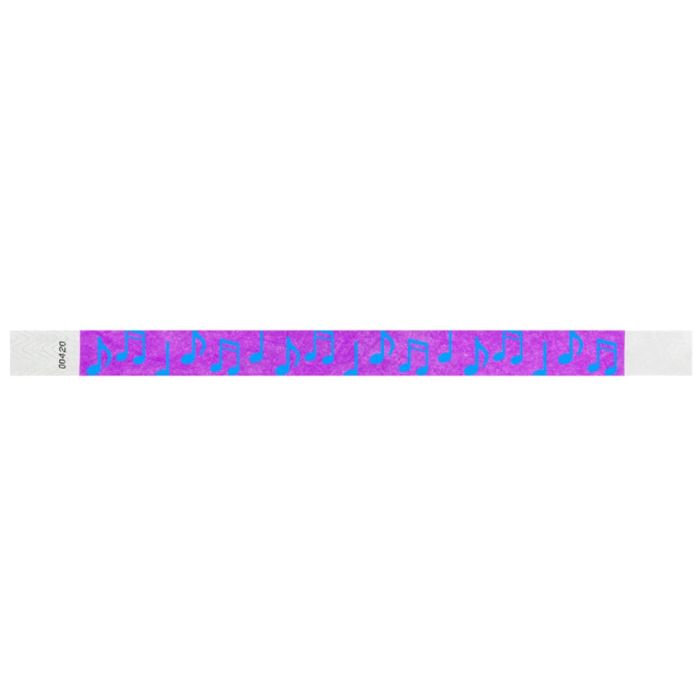 pantone purple tyvek wristband with neon blue music notes - flat version shown