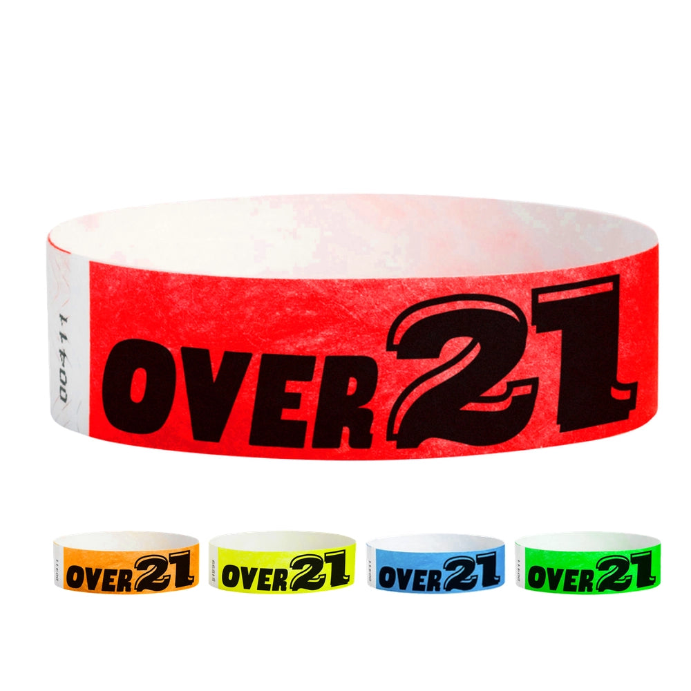Five colorful event wristbands with 'OVER 21' text 