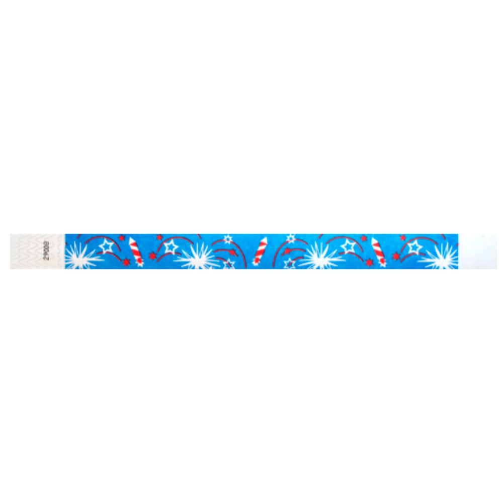 blue wristband with fireworks in red and white - shown in 