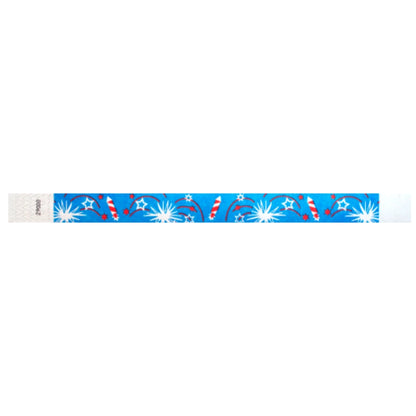 blue wristband with fireworks in red and white - shown in 