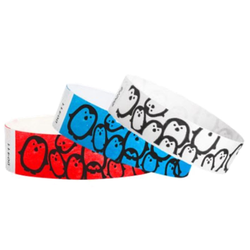 black penguins on white, neon blue or neon red tyvek wristbands