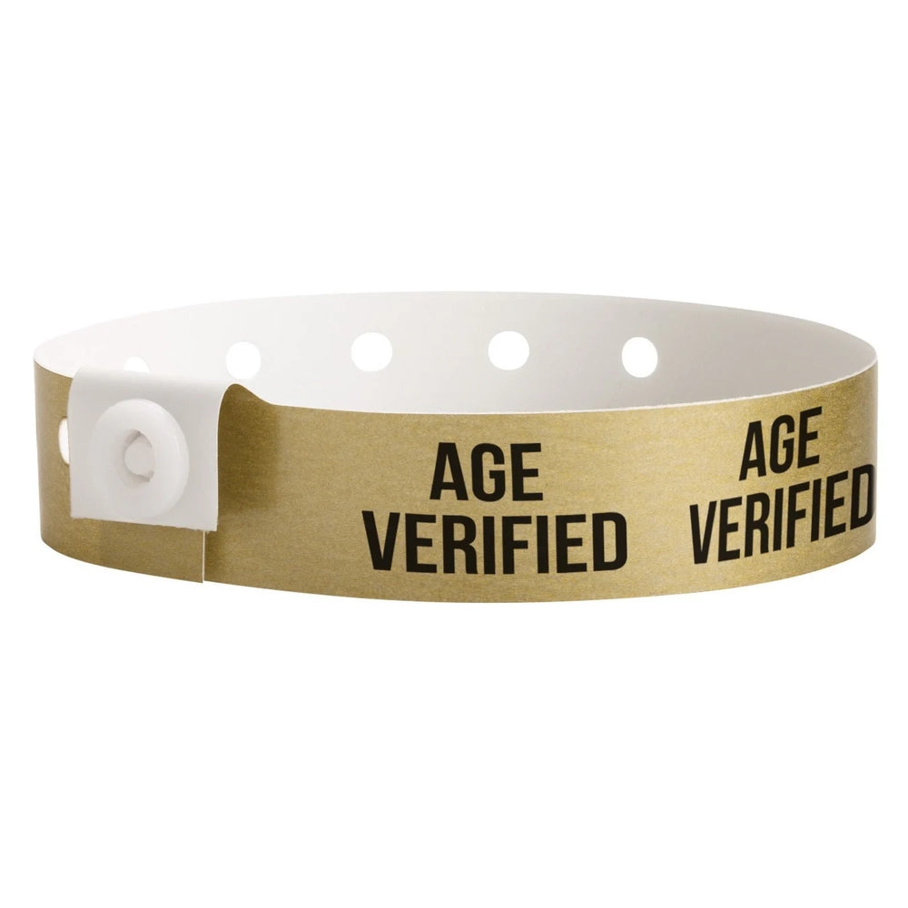 Age verified plastic wristband in gold with text "AGE VERIFIED" printed on the band in black - round version shown 