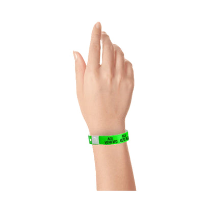 Age verified plastic wristband in green with text "AGE VERIFIED" printed on the band in black - shown on wrist 