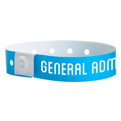 Blue plastic wristband with 'GENERAL ADMISSION' text printed on band in white - round version shown 