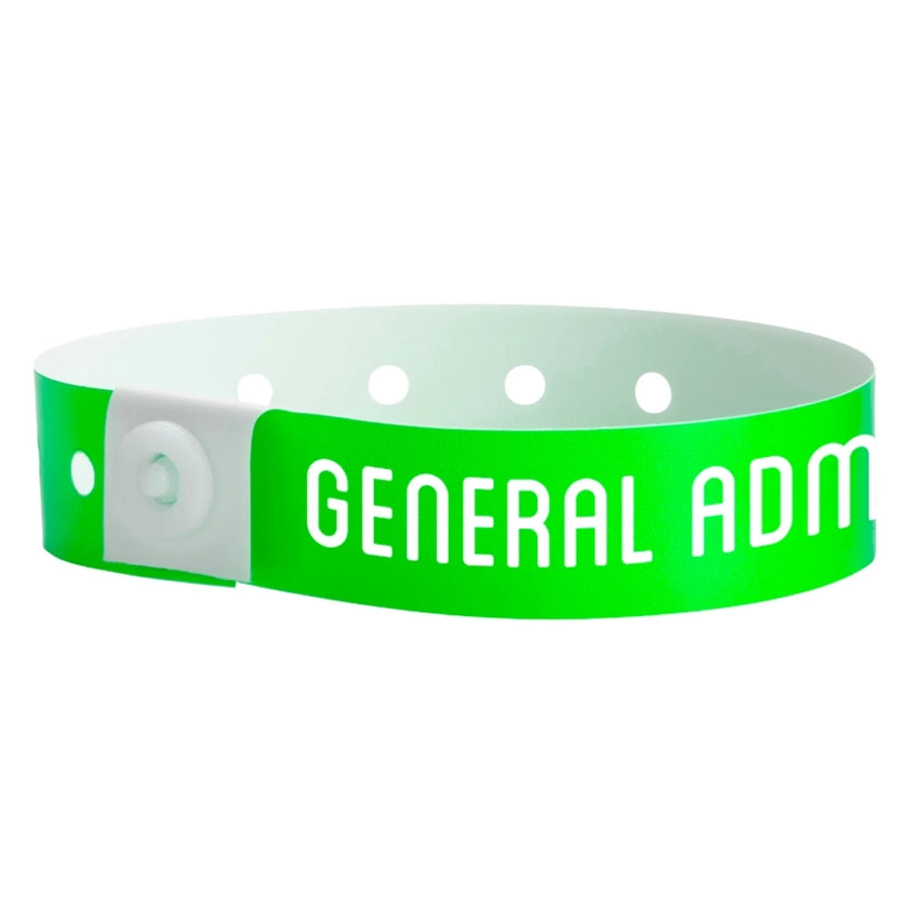 green plastic wristband with 'GENERAL ADMISSION' text printed on band in white - round version shown 