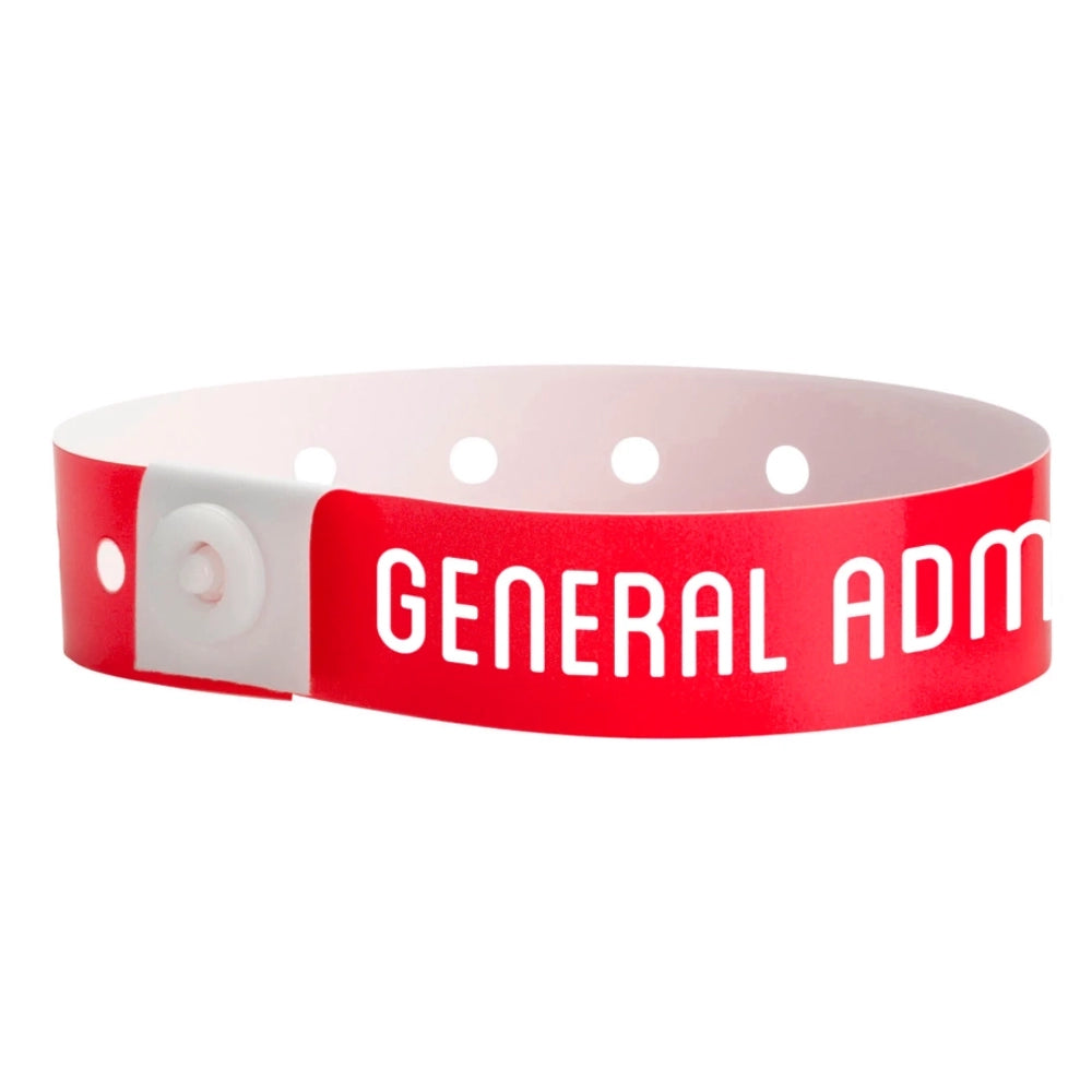 red plastic wristband with 'GENERAL ADMISSION' text printed on band in white - round version shown 