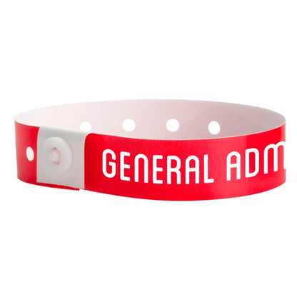 red plastic wristband with 'GENERAL ADMISSION' text printed on band in white - round version shown 