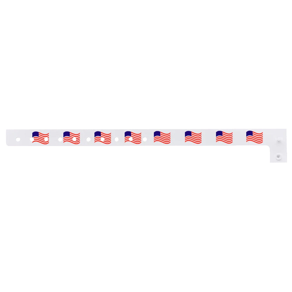Plastic wristband with wavy american flags printed across the band - shown in flat 