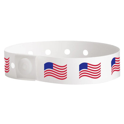 Plastic wristband with wavy american flags printed across the band - shown in round
