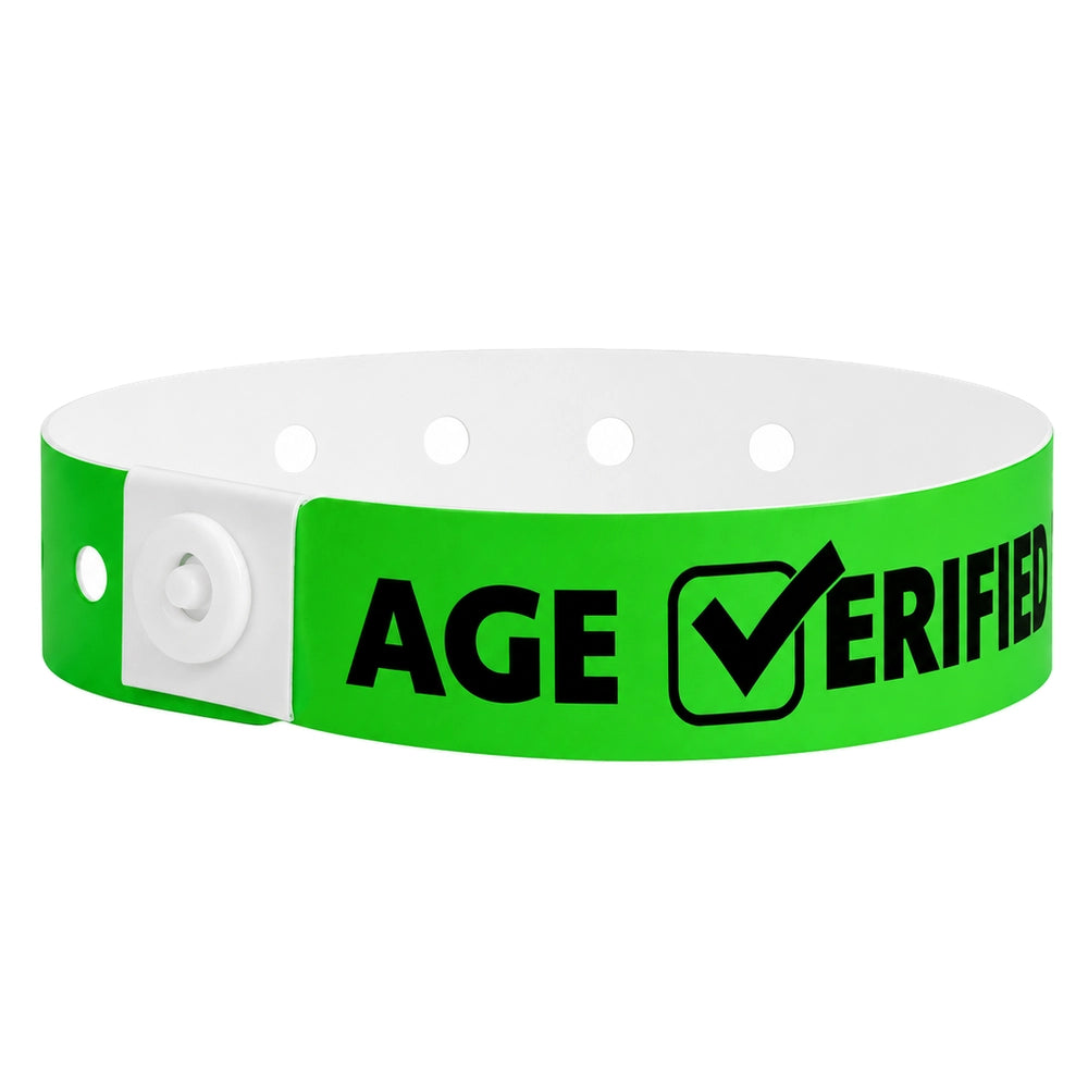 Plastic age verified wristband in neon green with text "AGE √ERIFIED" in black printed on the band - shown in round 