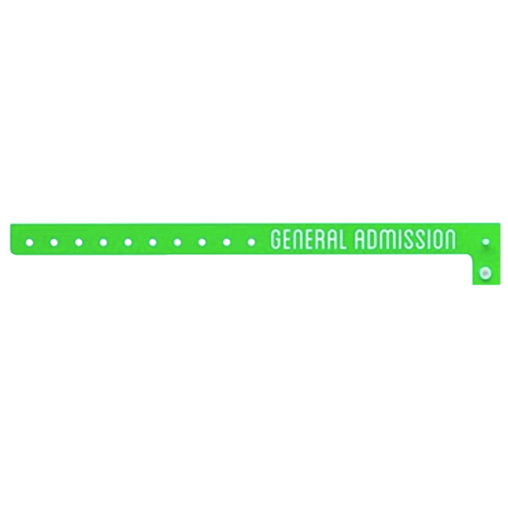 green plastic wristband with 'GENERAL ADMISSION' text printed on band in white - flat version shown 