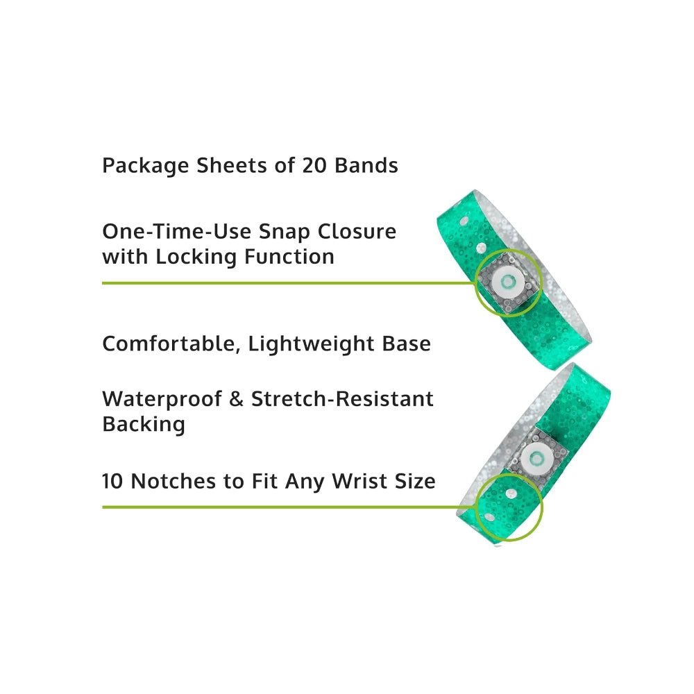 Specifications sheet for plastic holographic wristband - in aqua 