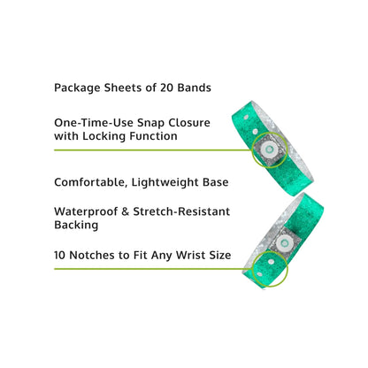 Specifications sheet for plastic holographic wristband - in aqua 