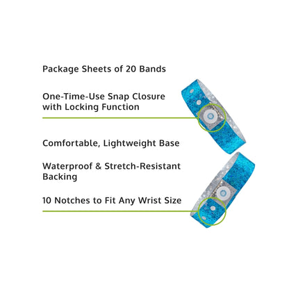 Specifications sheet for plastic holographic wristband showing package sheets of 20 bands, snap closure with locking function, lightweight base, waterproof and stretch resistant backing and 10 notches to fit any size - in blue