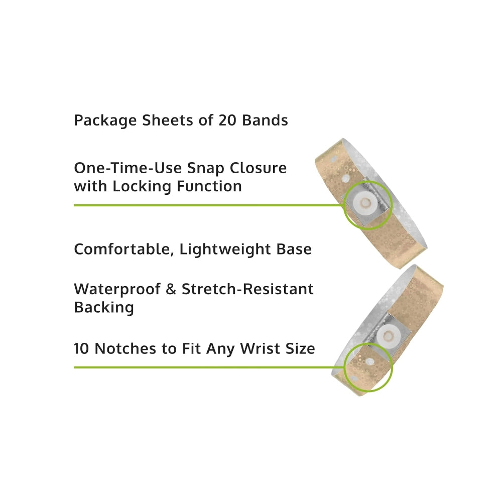 Specifications sheet for plastic holographic wristband - in gold