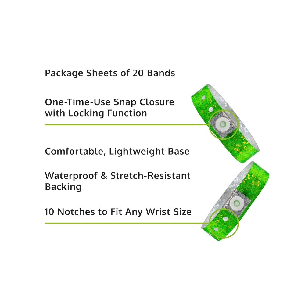 Specifications sheet for plastic holographic wristband showing package sheets of 20 bands, snap closure with locking function, lightweight base, waterproof and stretch resistant backing and 10 notches to fit any size - in green