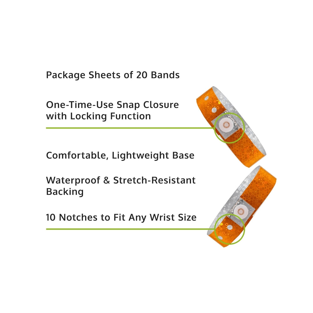 Specifications sheet for plastic holographic wristband showing package sheets of 20 bands, snap closure with locking function, lightweight base, waterproof and stretch resistant backing and 10 notches to fit any size - in orange