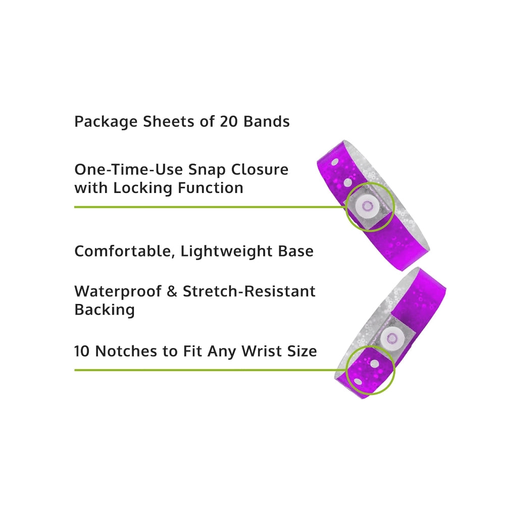 Specifications sheet for plastic holographic wristband showing package sheets of 20 bands, snap closure with locking function, lightweight base, waterproof and stretch resistant backing and 10 notches to fit any size - in purple