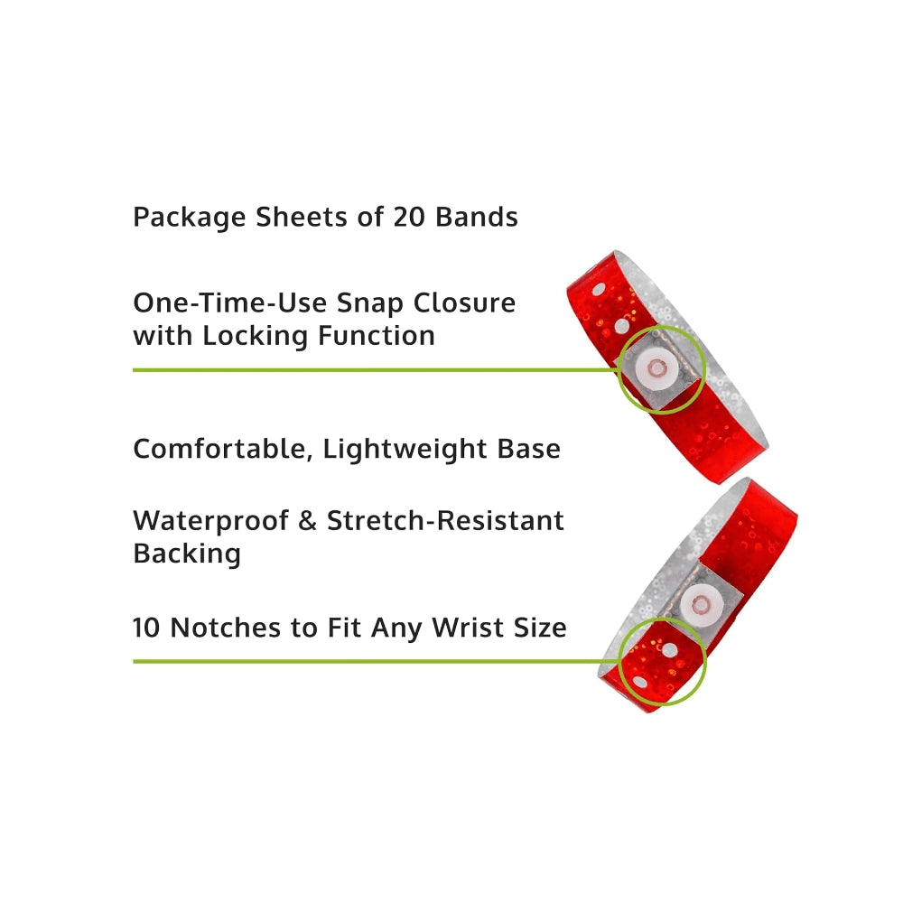 Specifications sheet for plastic holographic wristband showing package sheets of 20 bands, snap closure with locking function, lightweight base, waterproof and stretch resistant backing and 10 notches to fit any size - in red