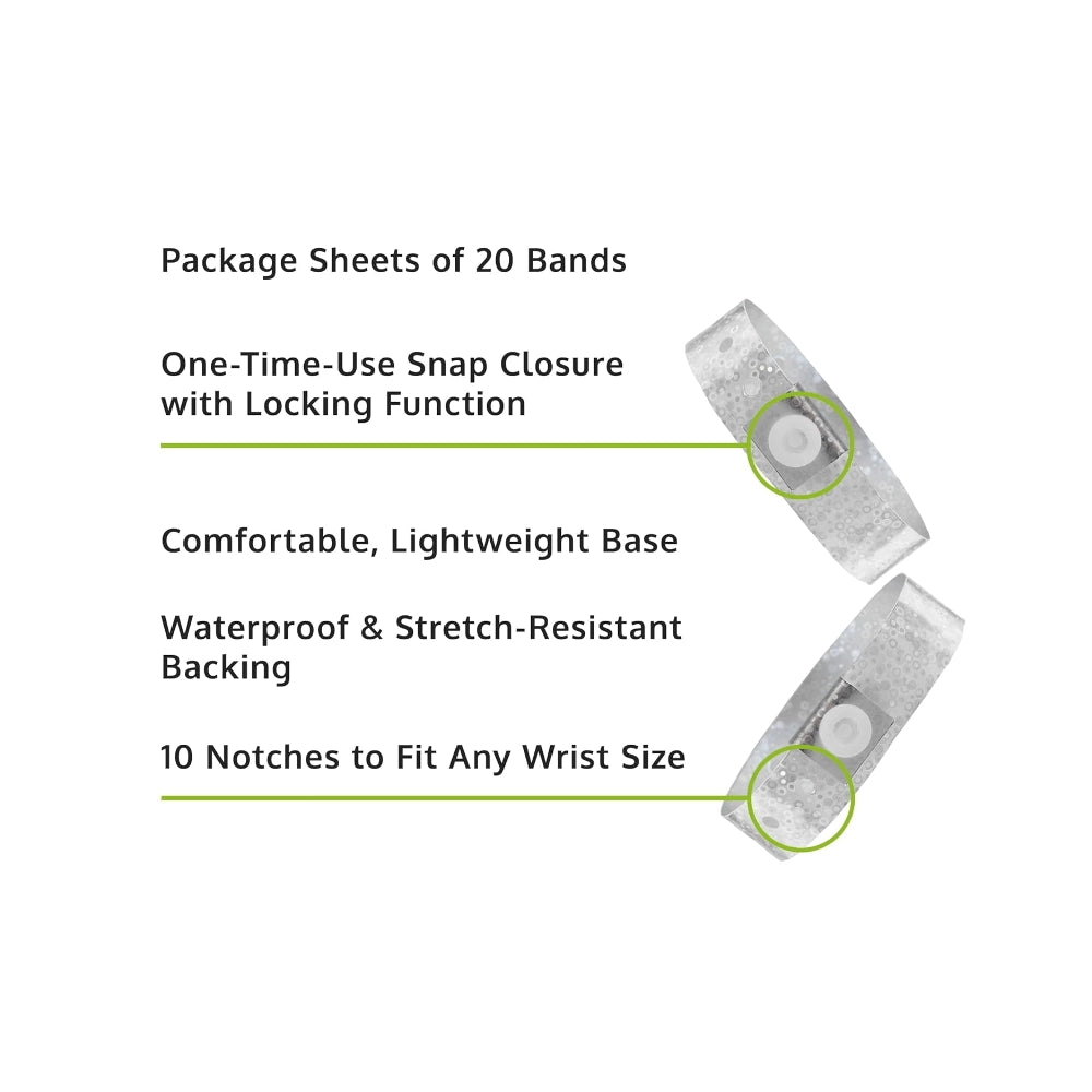 Specifications sheet for plastic holographic wristband - in silver