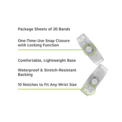 Specifications sheet for plastic holographic wristband showing package sheets of 20 bands, snap closure with locking function, lightweight base, waterproof and stretch resistant backing and 10 notches to fit any size - in silver