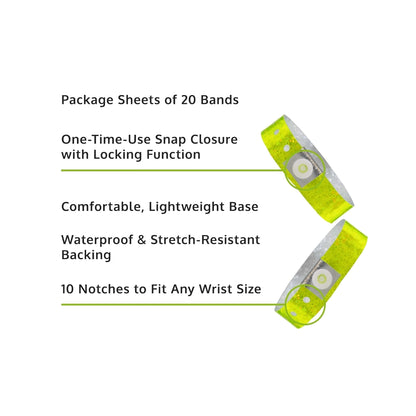 Specifications sheet for plastic holographic wristband showing package sheets of 20 bands, snap closure with locking function, lightweight base, waterproof and stretch resistant backing and 10 notches to fit any size - in yellow