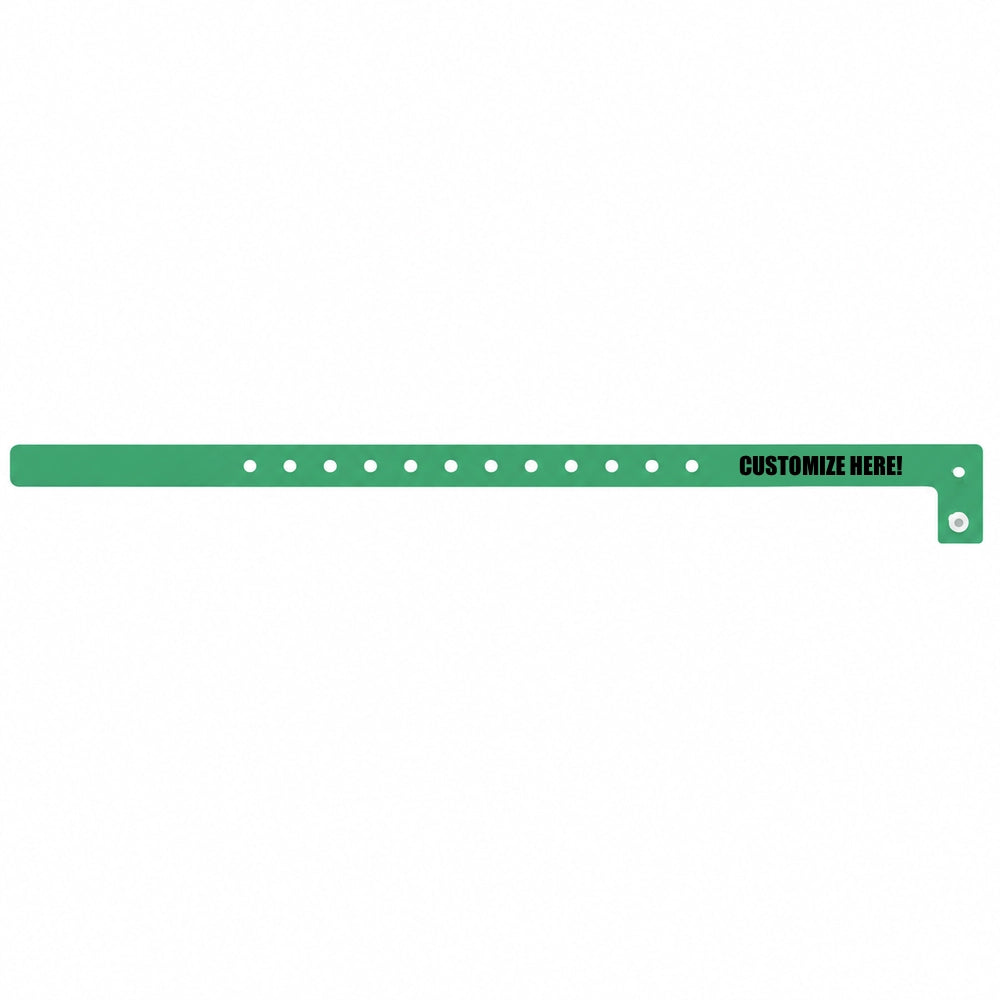 Plastic slim wristband in pantone green with black text "CUSTOMIZE HERE!" - shown in flat 