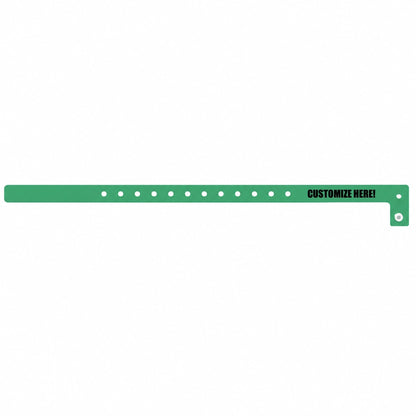 Plastic slim wristband in pantone green with black text "CUSTOMIZE HERE!" - shown in flat 