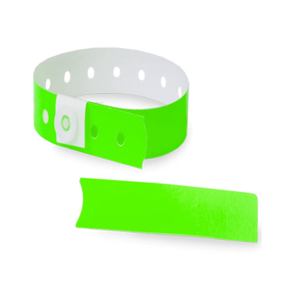 Plastic slim wristband in neon green - shown in round with stub 