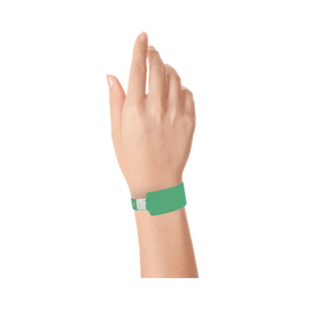 Wrist wearing plastic wide face wristband in pantone green 