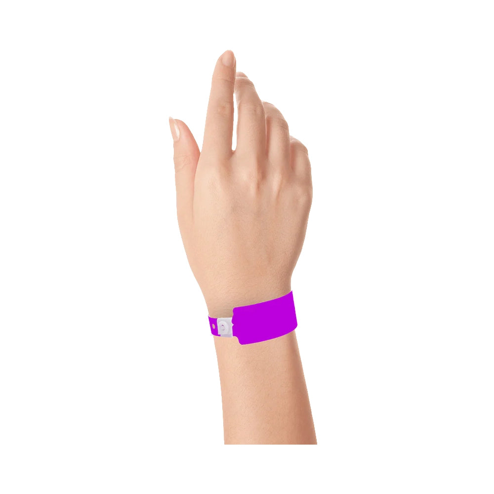 Wrist wearing plastic wide face wristband in pantone purple 