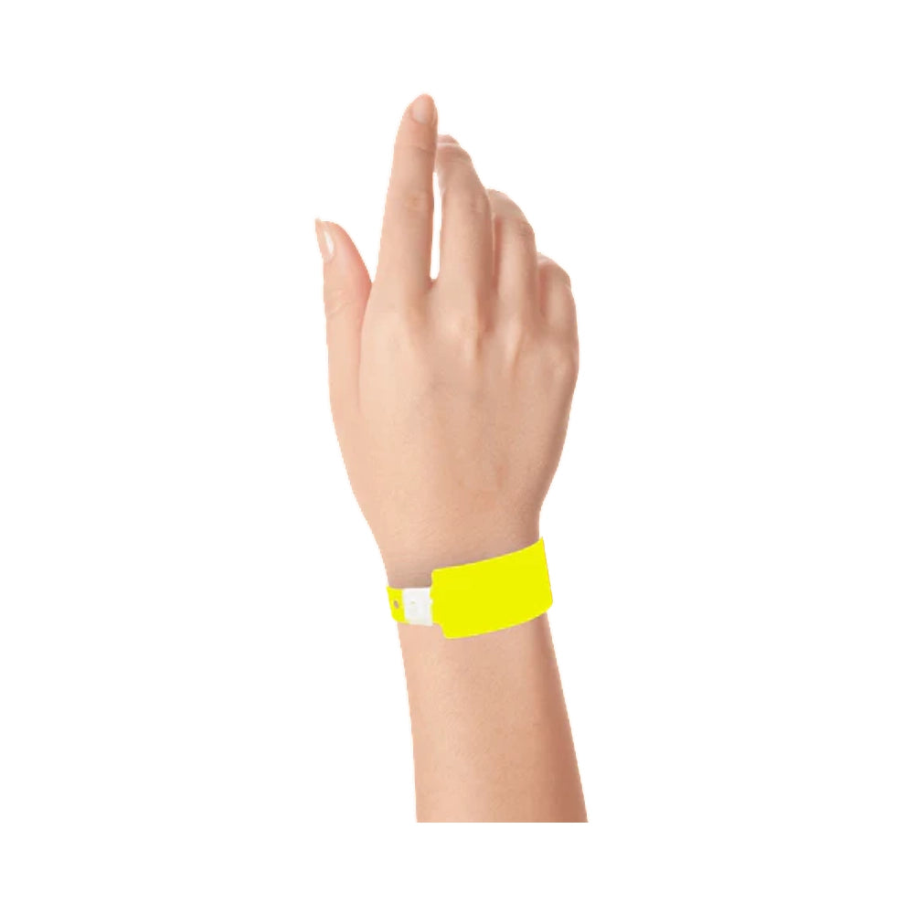 Plastic wide face wristband in neon yellow - shown on wrist