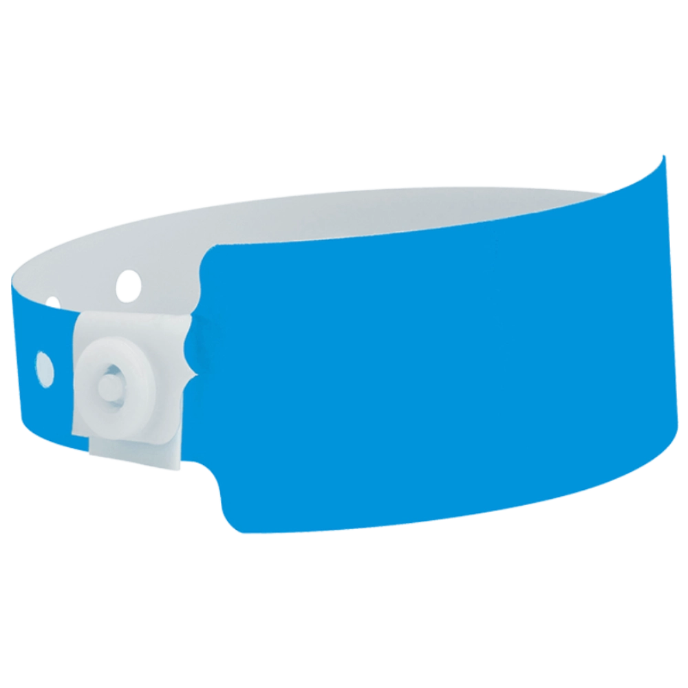 Plastic wide wristband in neon blue - shown in round