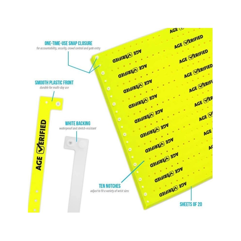 Specifications sheet for plastic age Verified wristbands showing snap closure, smooth plastic front, ten notches and sheets of 20 in neon yellow 