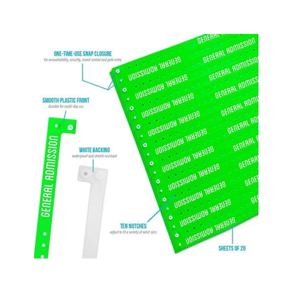 Specifications sheet for plastic general admission wristband in neon green - showing details of snap closure, plastic front, white backing, 10 notches and sheets of 20 