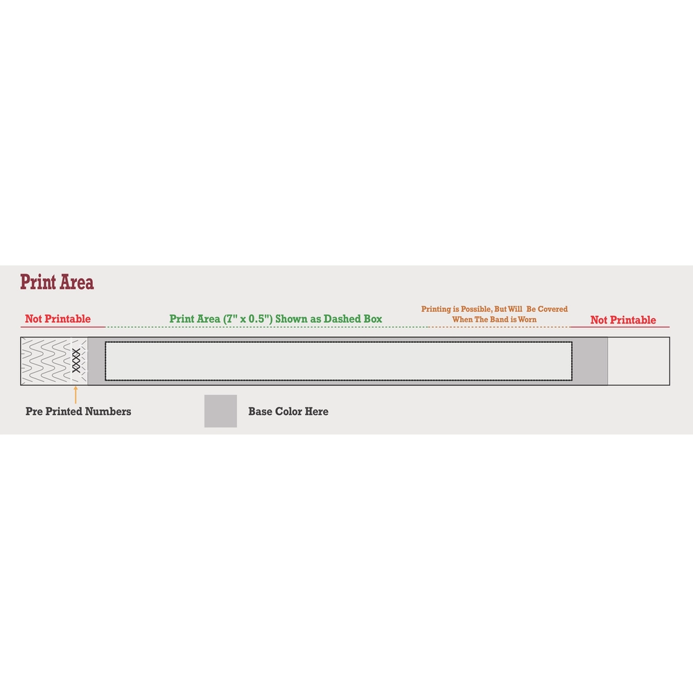 Print are template showing where you can and cannot print on a wristband and other specifications 