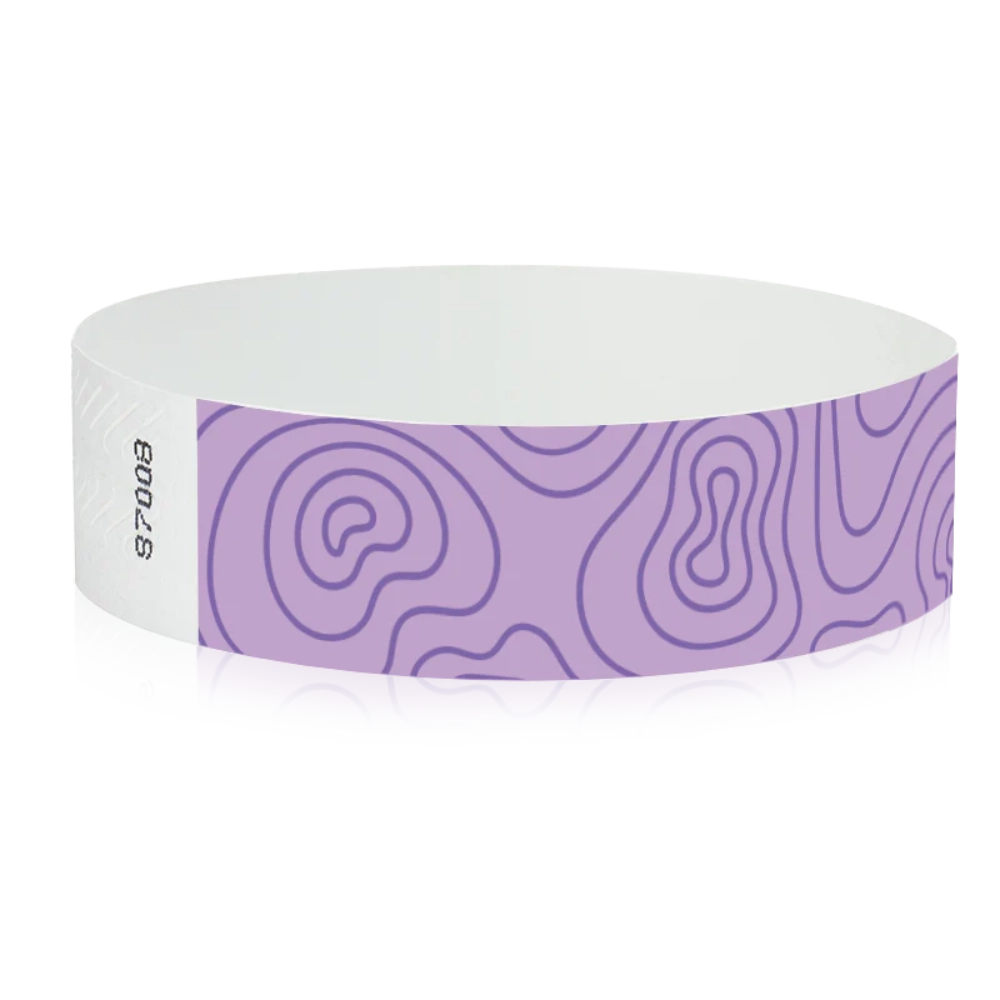 berry tyvek wristband with purple topographic map design - round version shown