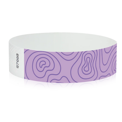 berry tyvek wristband with purple topographic map design - round version shown