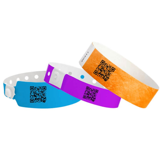 wide face vinyl neon blue, regular purple plastic, neon orange tyvek wristbands with qr codes