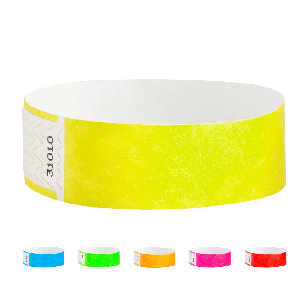 Tyvek 3/4 Qwik fit Wristband cover with neon yellow, and five other colors under - in neon blue, neon green, neon orange, neon pink and neon red. 