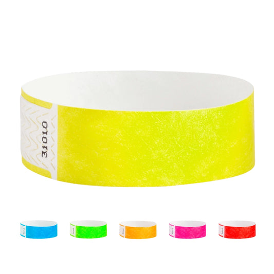 Tyvek 3/4 Qwik fit Wristband cover with neon yellow, and five other colors under - in neon blue, neon green, neon orange, neon pink and neon red. 