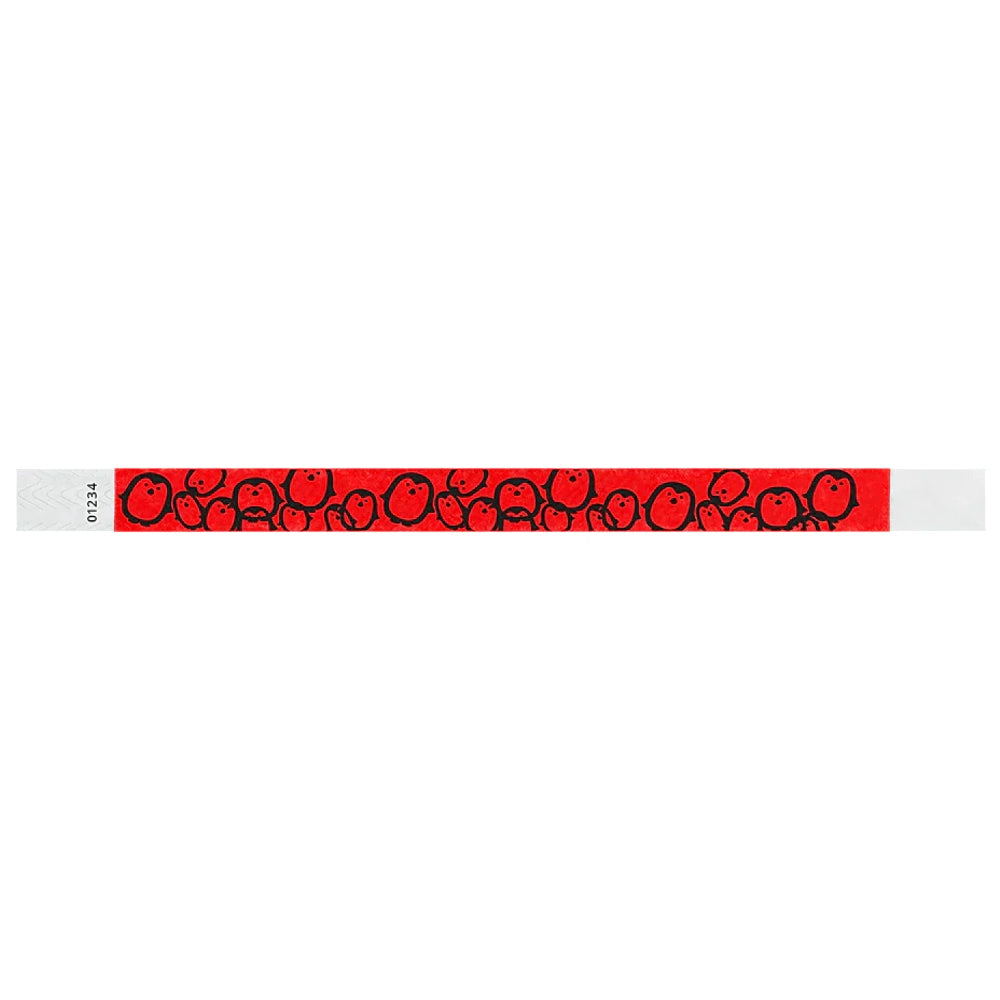 neon red Tyvek Wristband with black penguins - flat version shown