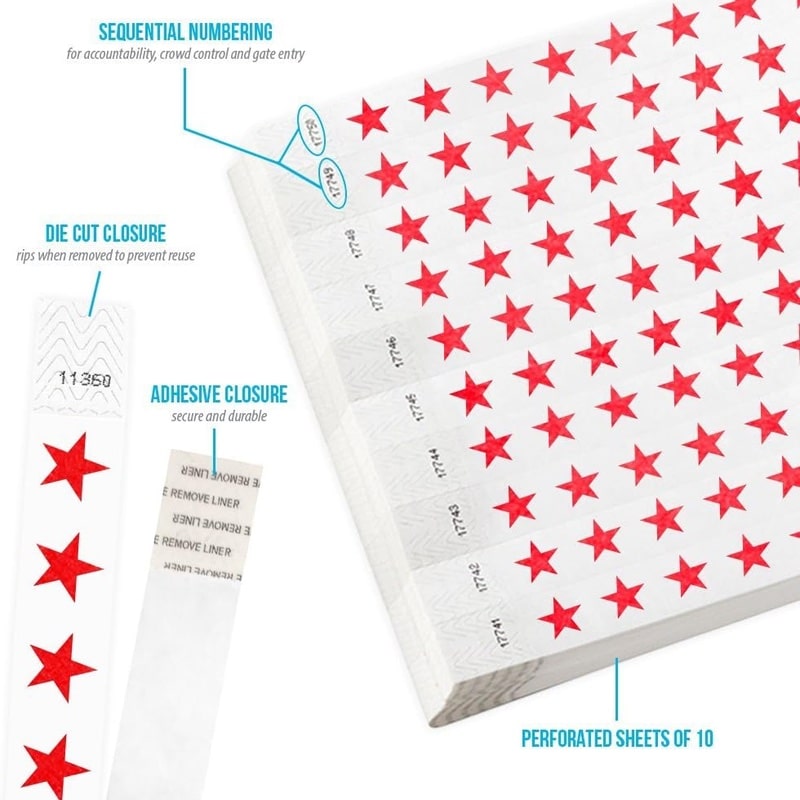 neon red tyvek wristband detail product page showing the die cut adhesive closure, sequential numbering, perforated sheets of 10 