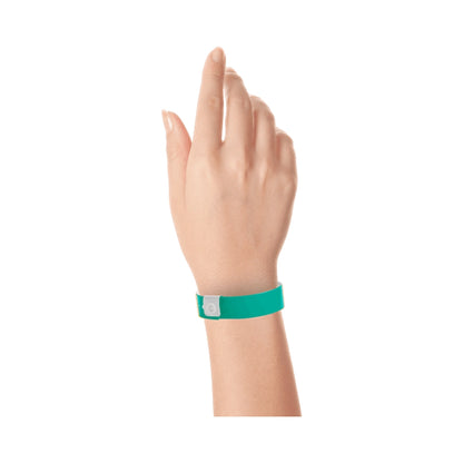 vinyl regular wristband in teal - shown on wrist