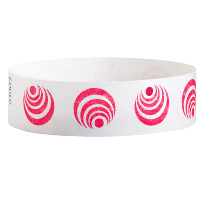 White tyvek wristband with neon red circular pattern - round version shown