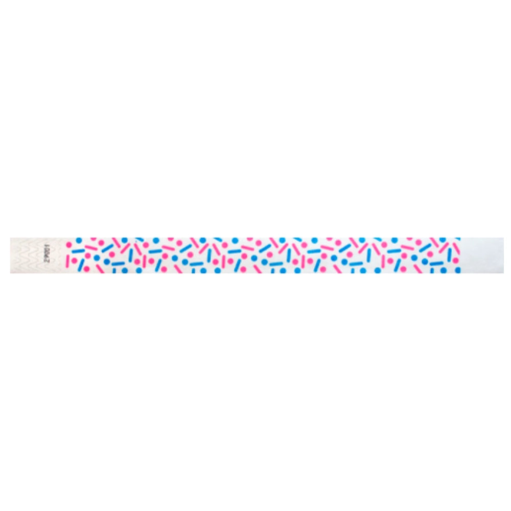 white tyvek wristband with neon pink and neon blue dots and lines - sprinkles - flat version shown