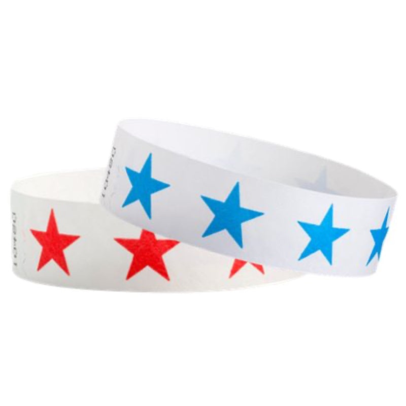 Two white tyvek wristbands with neon red and neon blue star pattern